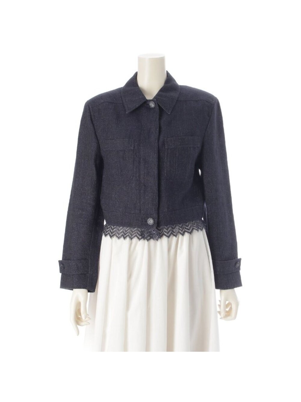 Chanel 01P Linen Lace Decoration Trucker Jacket Indigo 38